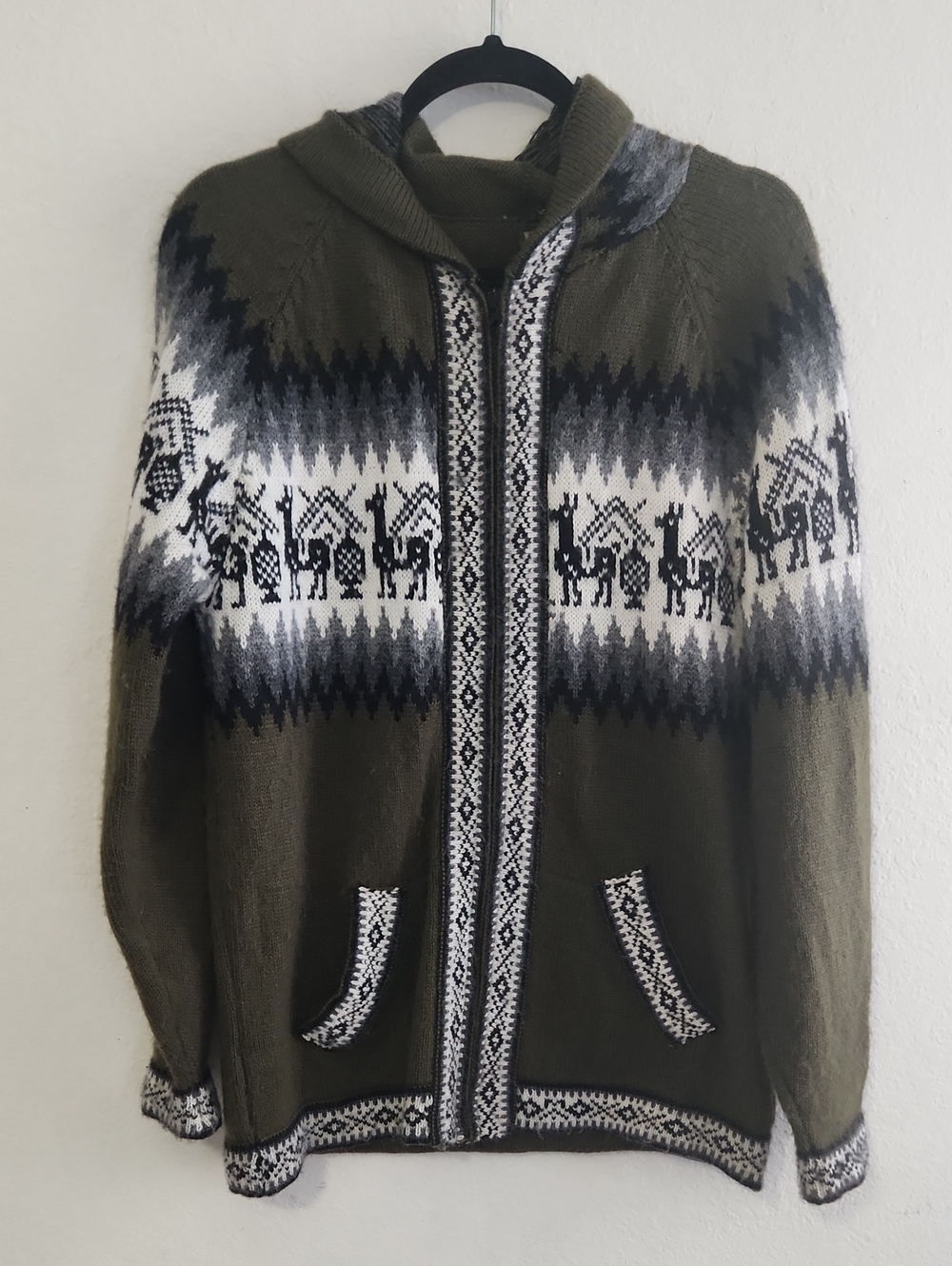 Cabincore Alpaca Blend Llama Knit Zip Hoodie Olive Green M Gorpcore Boho